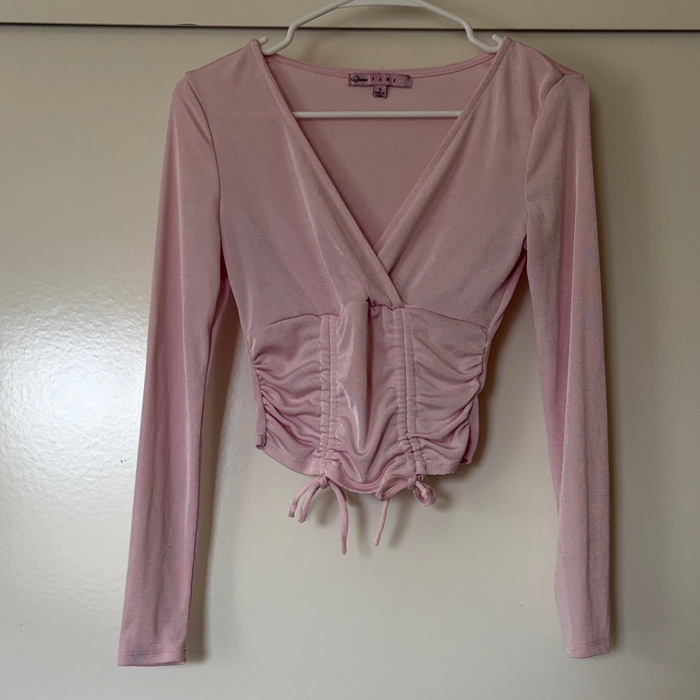 Crave Fame Blush Pink Ruched Drawstring Wrap Long-Sleeve Top